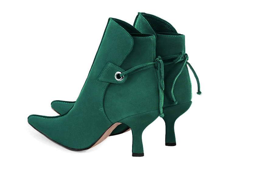 Emerald green women's ankle boots with laces at the back. Pointed toe. High slim heel. Rear view - Florence KOOIJMAN